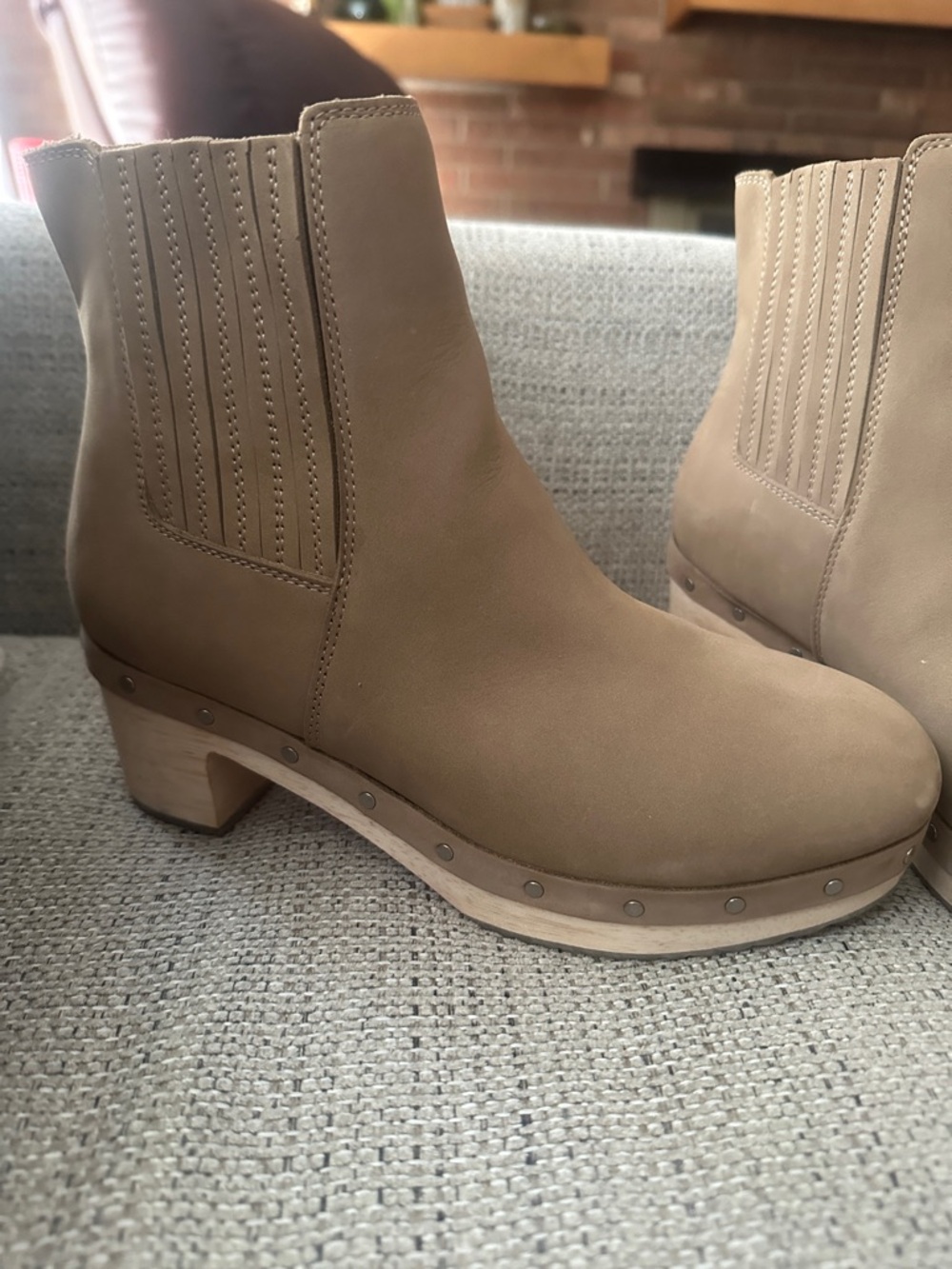 LOFT Tan Leather Nubuck Studded Clog Ankle Boots